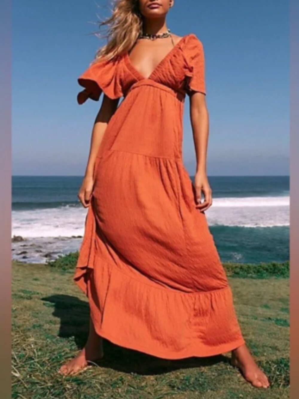 Free People FP Beach La La Maxi Dress Wild Papaya Free-est Tiered V-Neck Small